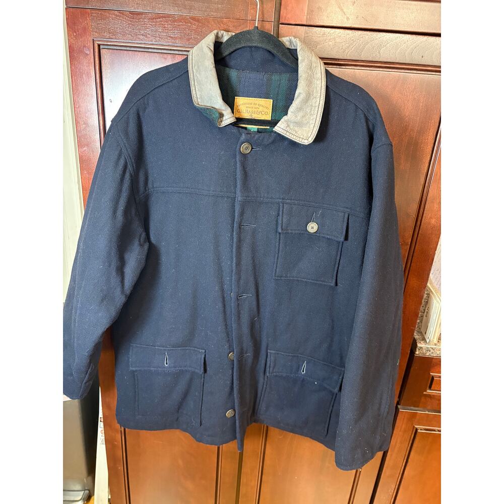 GH Bass Men's Navy Wool Chore Coat Leather Collar Size M Vintage